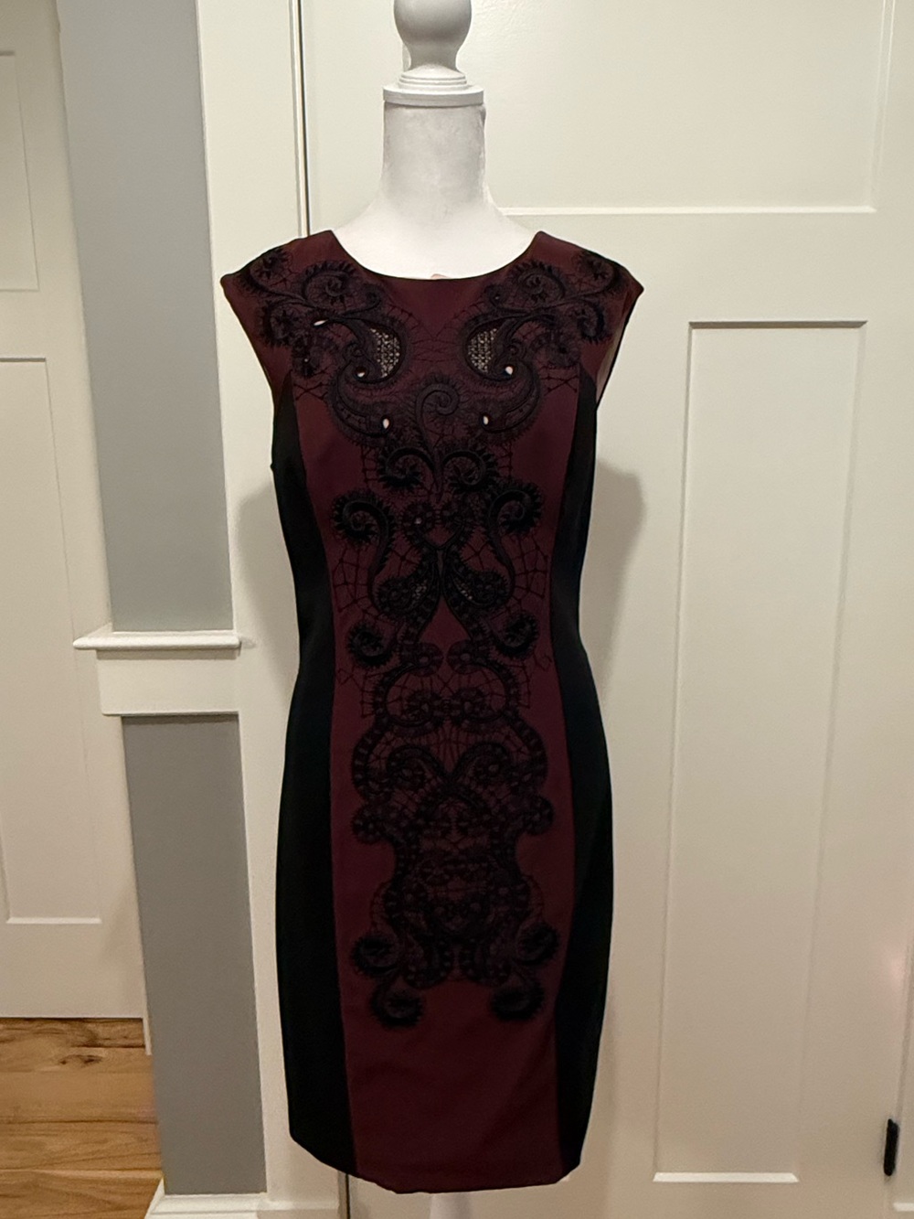 Karen Mullen Burgundy and Black Embroidered Cap-Sleeve Pencil Midi Dress